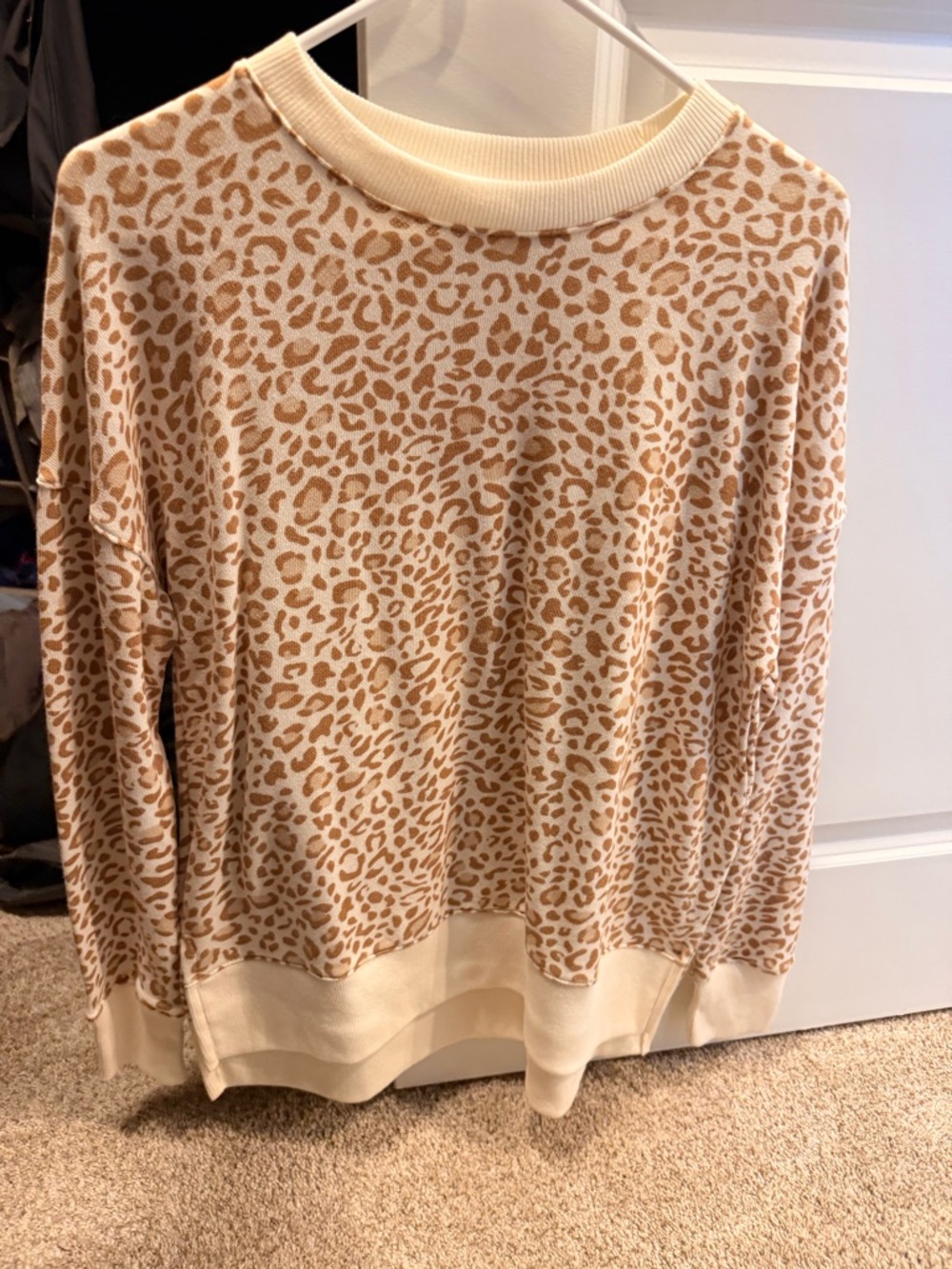 Time and Tru Cream and Tan Leopard Print Crewneck Sweater